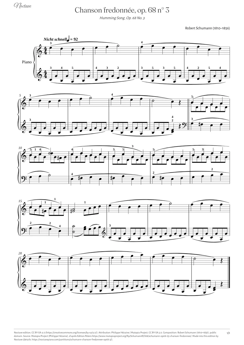Première page de la partition de Chanson fredonnée, op. 68 n° 3