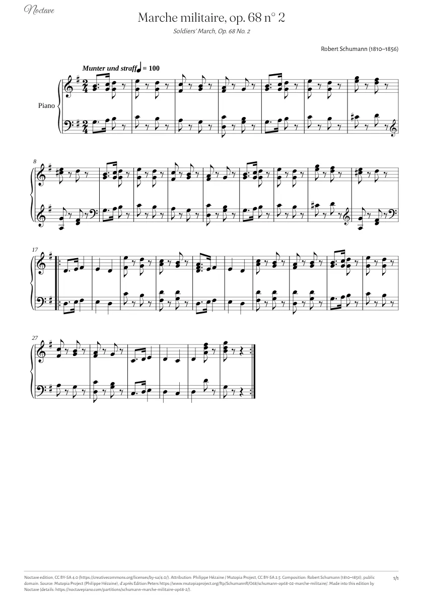 Première page de la partition de Marche militaire, op. 68 n° 2