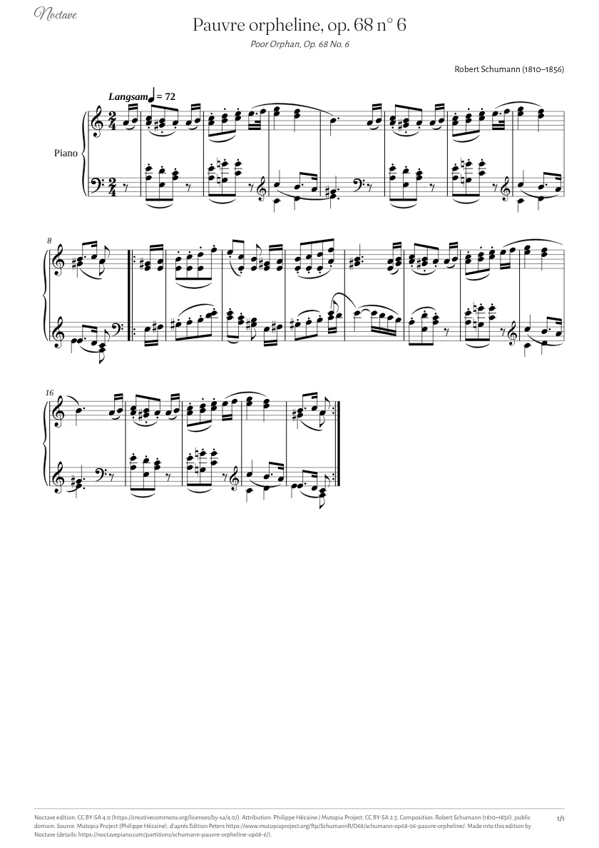 Première page de la partition de Pauvre orpheline, op. 68 n° 6