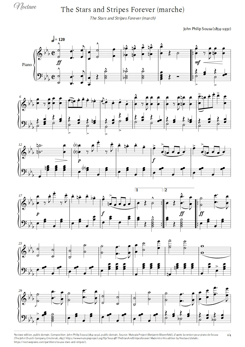First page of the score of The Stars and Stripes Forever (march)