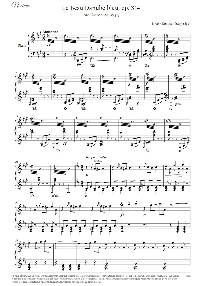 First page of the score of The Blue Danube, Op. 314
