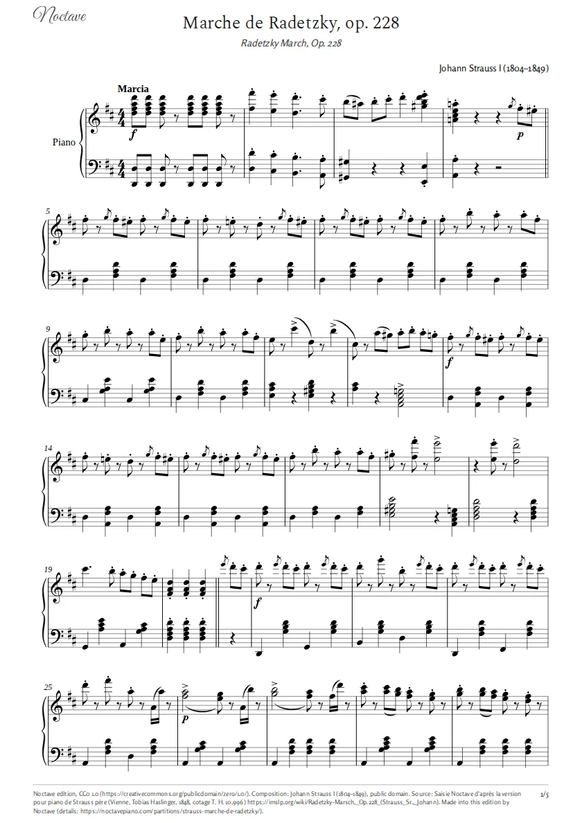 Première page de la partition de Marche de Radetzky, op. 228