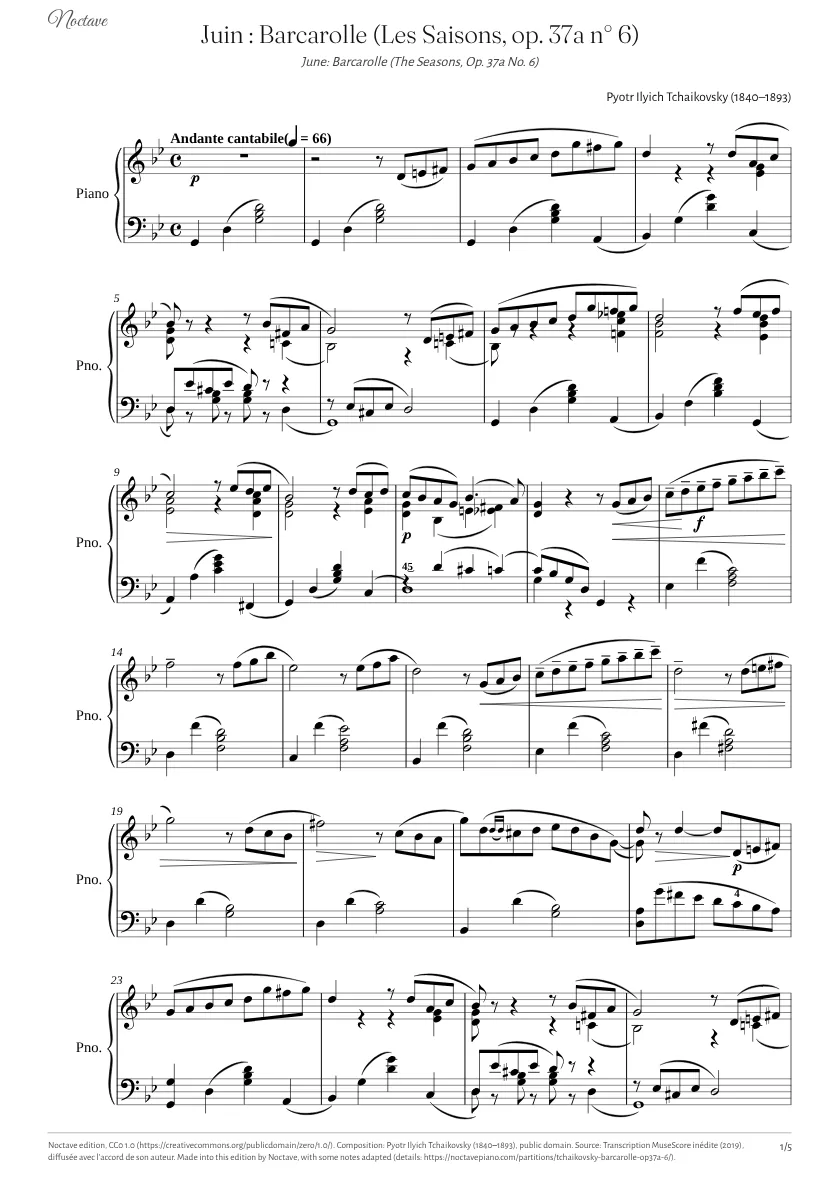 Première page de la partition de Juin : Barcarolle (Les Saisons, op. 37a n° 6)