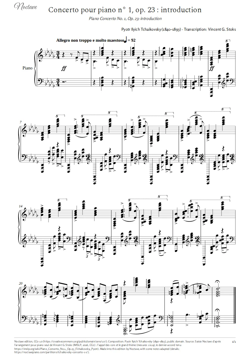 First page of the score of Piano Concerto No. 1, Op. 23: introduction