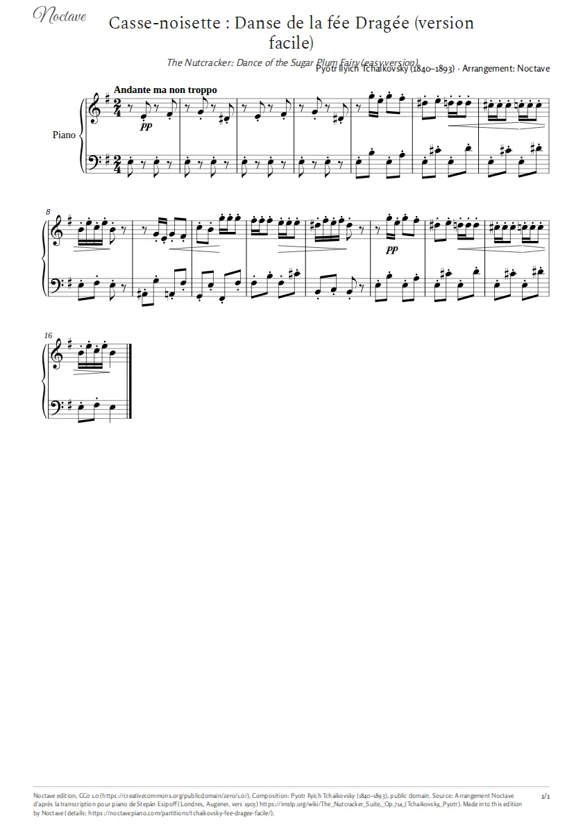 Première page de la partition de Casse-noisette : Danse de la fée Dragée (version facile)