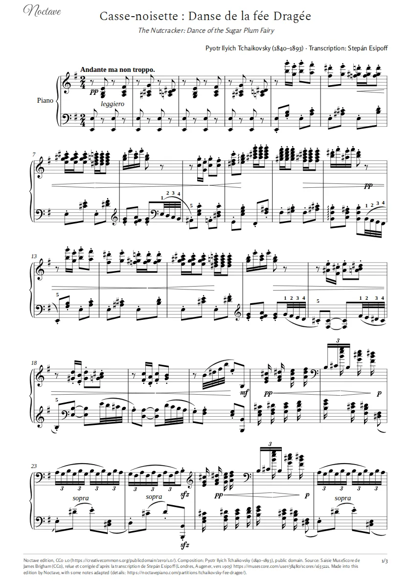 First page of the score of The Nutcracker: Dance of the Sugar Plum Fairy