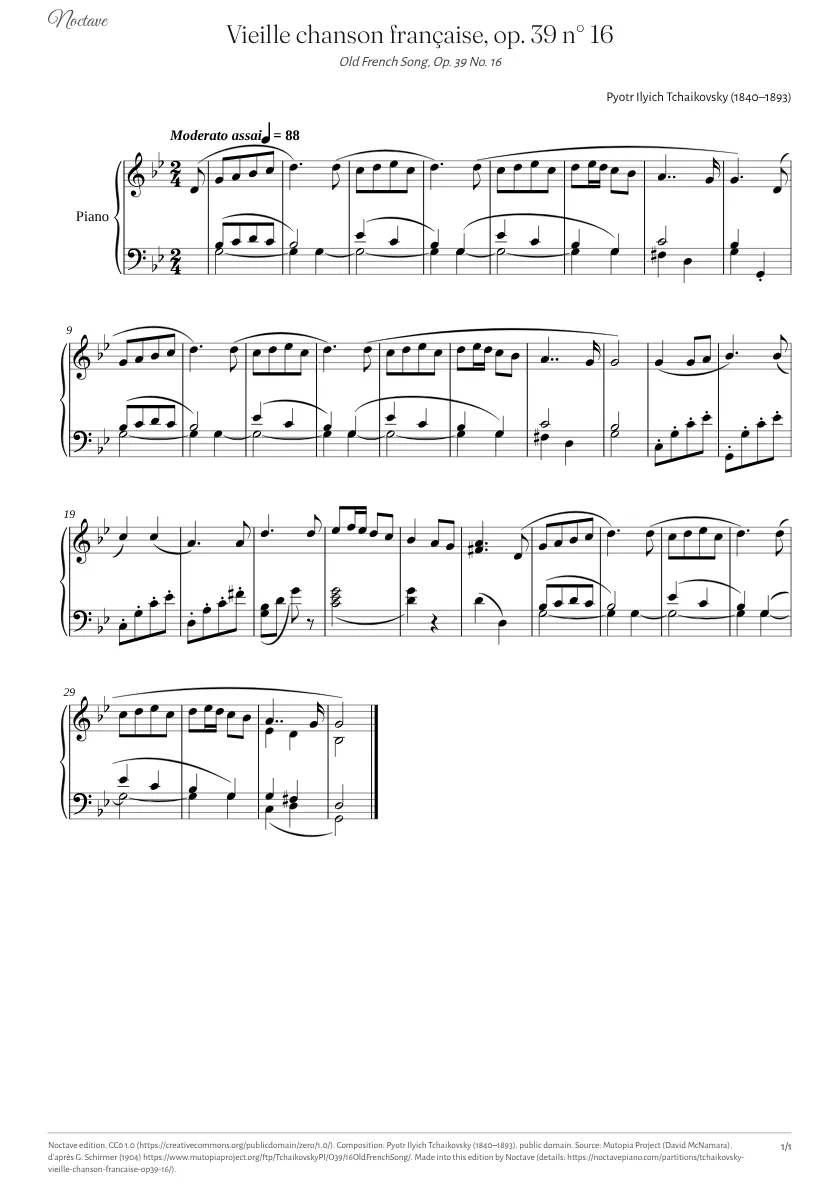 First page of the score of Old French Song, Op. 39 No. 16