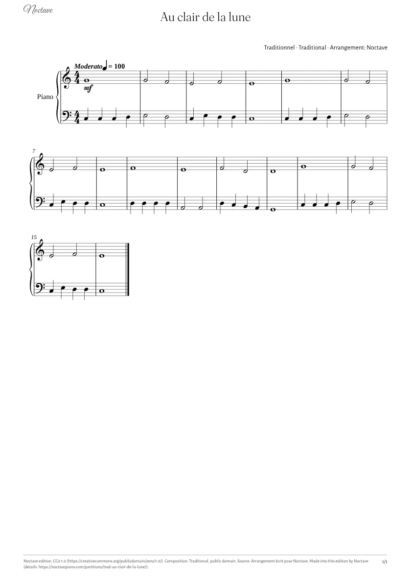 First page of the score of Au clair de la lune