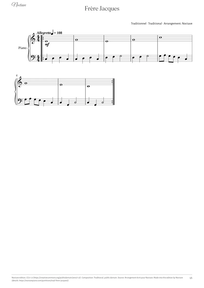 Première page de la partition de Frère Jacques