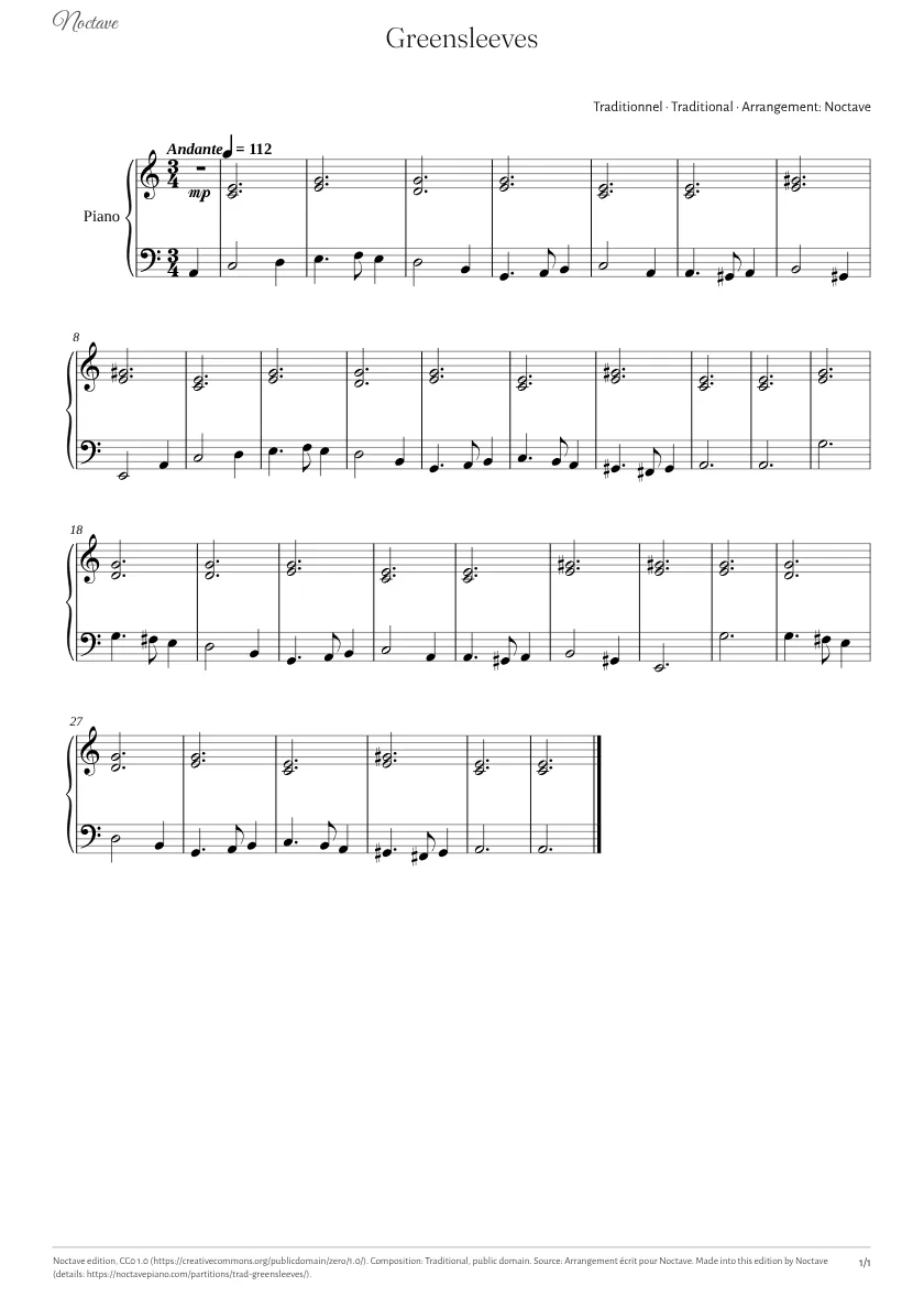 Première page de la partition de Greensleeves