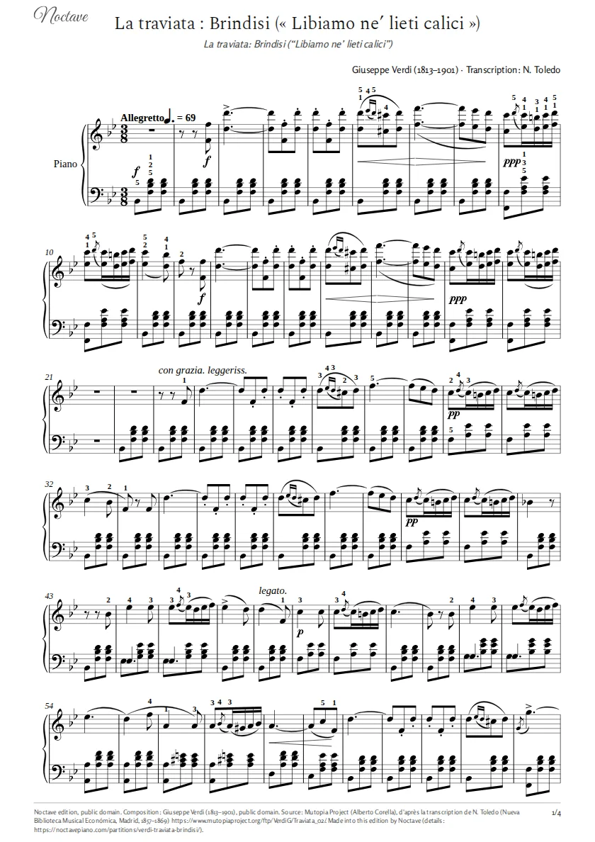 First page of the score of La traviata: Brindisi (“Libiamo ne’ lieti calici”)