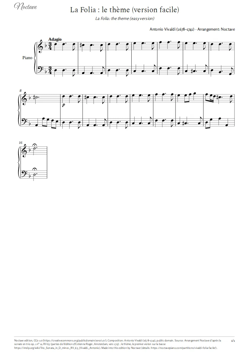 First page of the score of La Folia: the theme (easy version)
