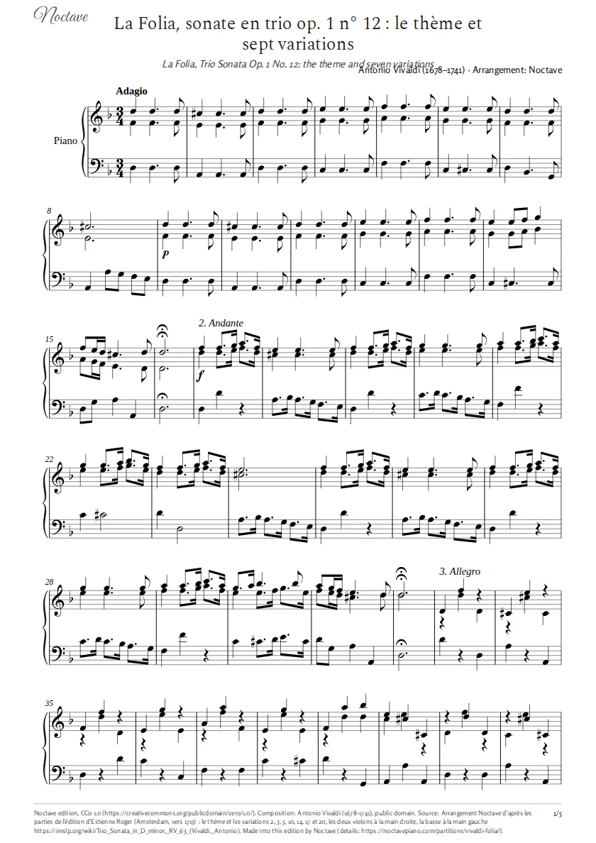 First page of the score of La Folia, Trio Sonata Op. 1 No. 12: the theme and seven variations
