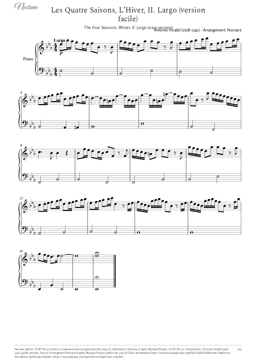 First page of the score of The Four Seasons, Winter, II. Largo (easy version)