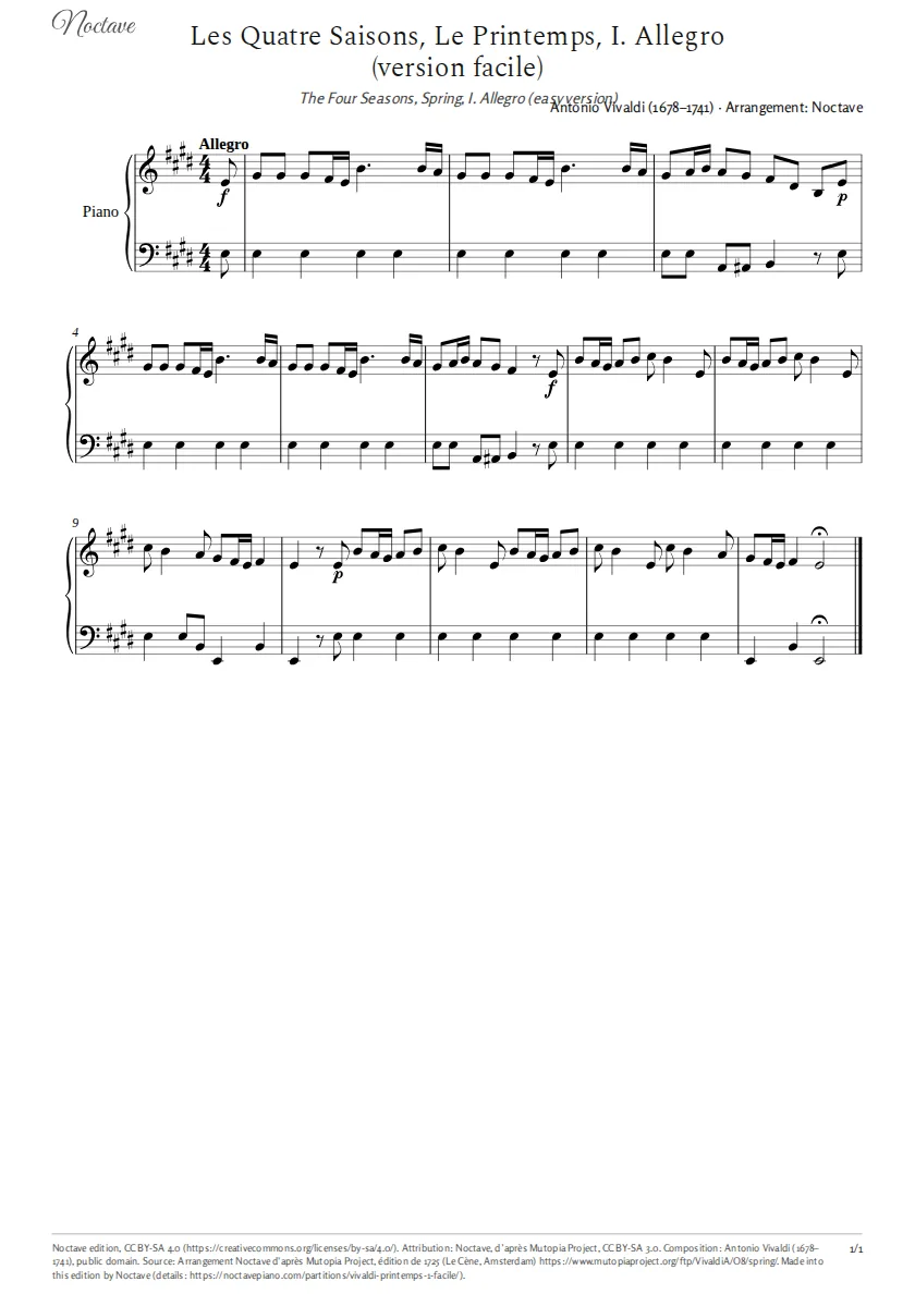 Première page de la partition de Les Quatre Saisons, Le Printemps, I. Allegro (version facile)